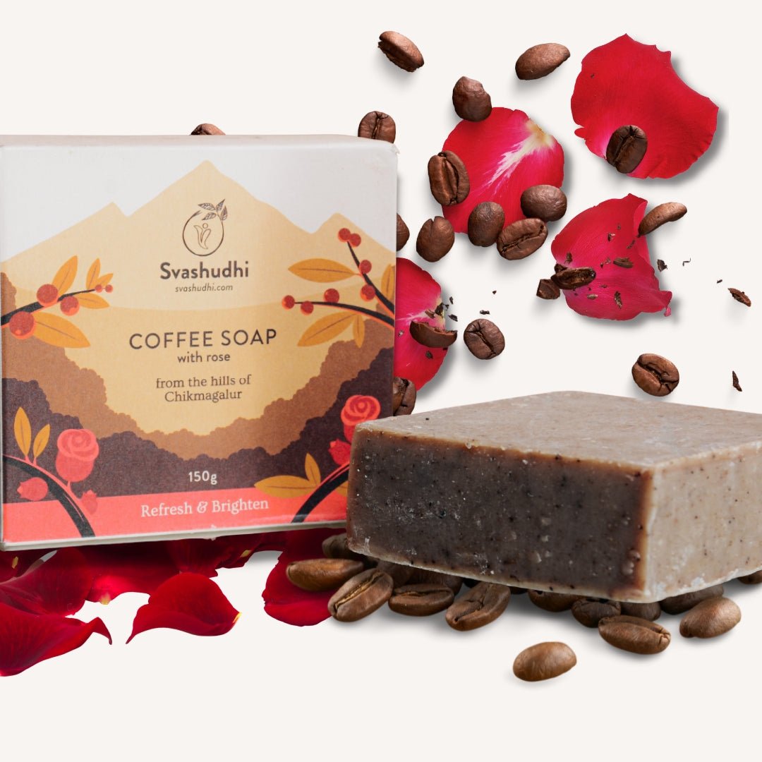 Cold-Processed Coffee Soap with Rose | Beneficial for Dry, Mature or Sensitive Skin | Gentle Cleanse | Nourish | Exfoliate | Moisturise | 150 gms